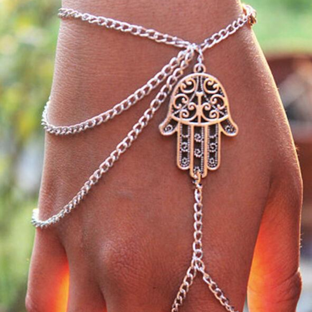 Hamsa Fatima Hand Finger Ring Chain Bracelet